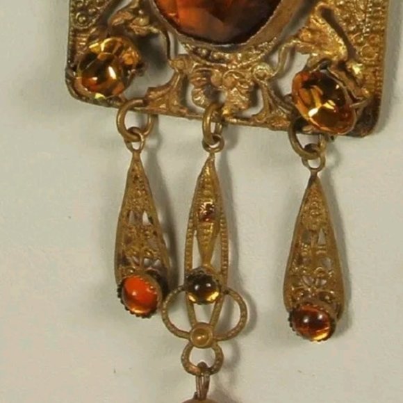 ART DECO CZECH Necklace 1930s Signed Lavalier TOPAZ CITRINE PASTE 15 in Choker - Picture 9 of 12